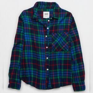 Aerie Blue Green Plaid Flannel Button Up Shirt Women’s Small